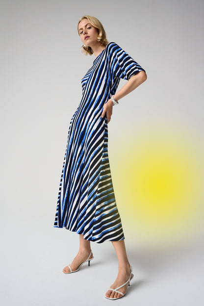 Silky Knit Stripe Print Fit and Flare Dress