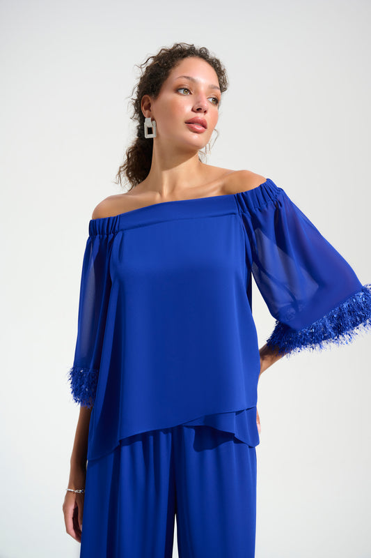 Georgette And Chiffon Off Shoulder Trapeze Top With Novelty Trim