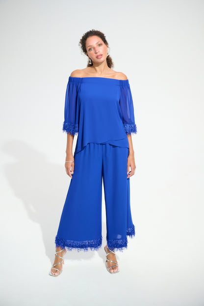 Georgette And Chiffon Off Shoulder Trapeze Top With Novelty Trim