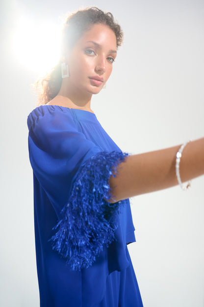 Georgette And Chiffon Off Shoulder Trapeze Top With Novelty Trim
