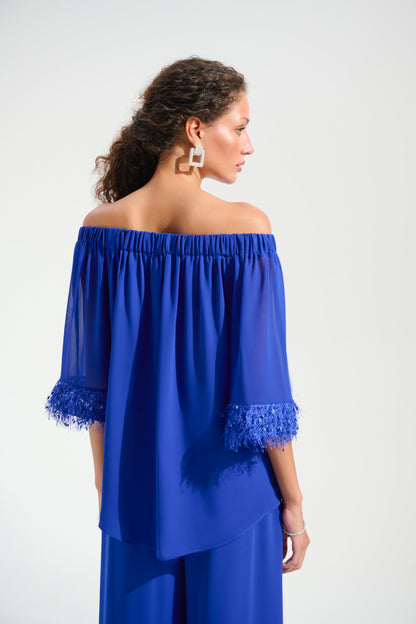Georgette And Chiffon Off Shoulder Trapeze Top With Novelty Trim