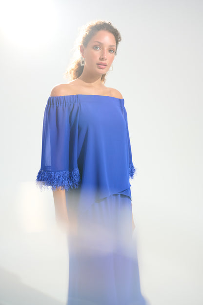 Georgette And Chiffon Off Shoulder Trapeze Top With Novelty Trim