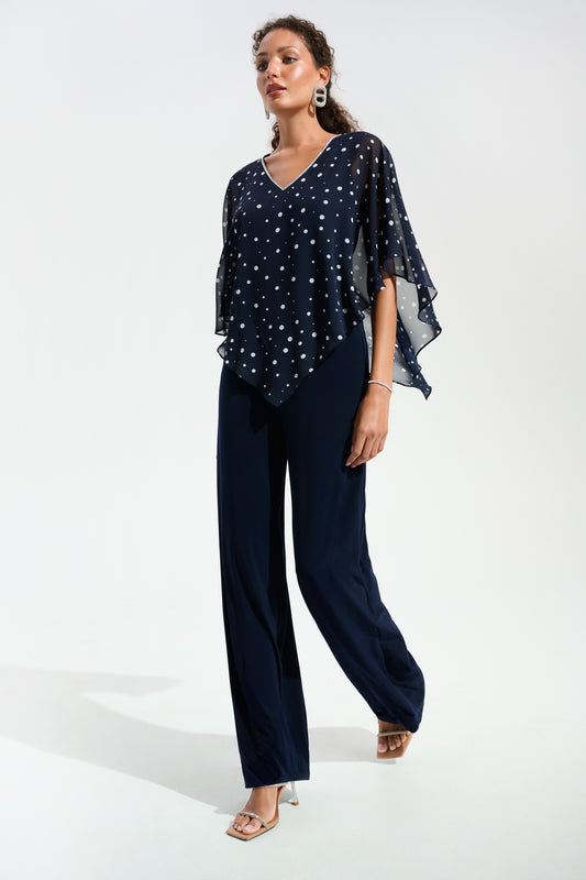 Silky Knit Dot Print Poncho With Rhinestones Trim