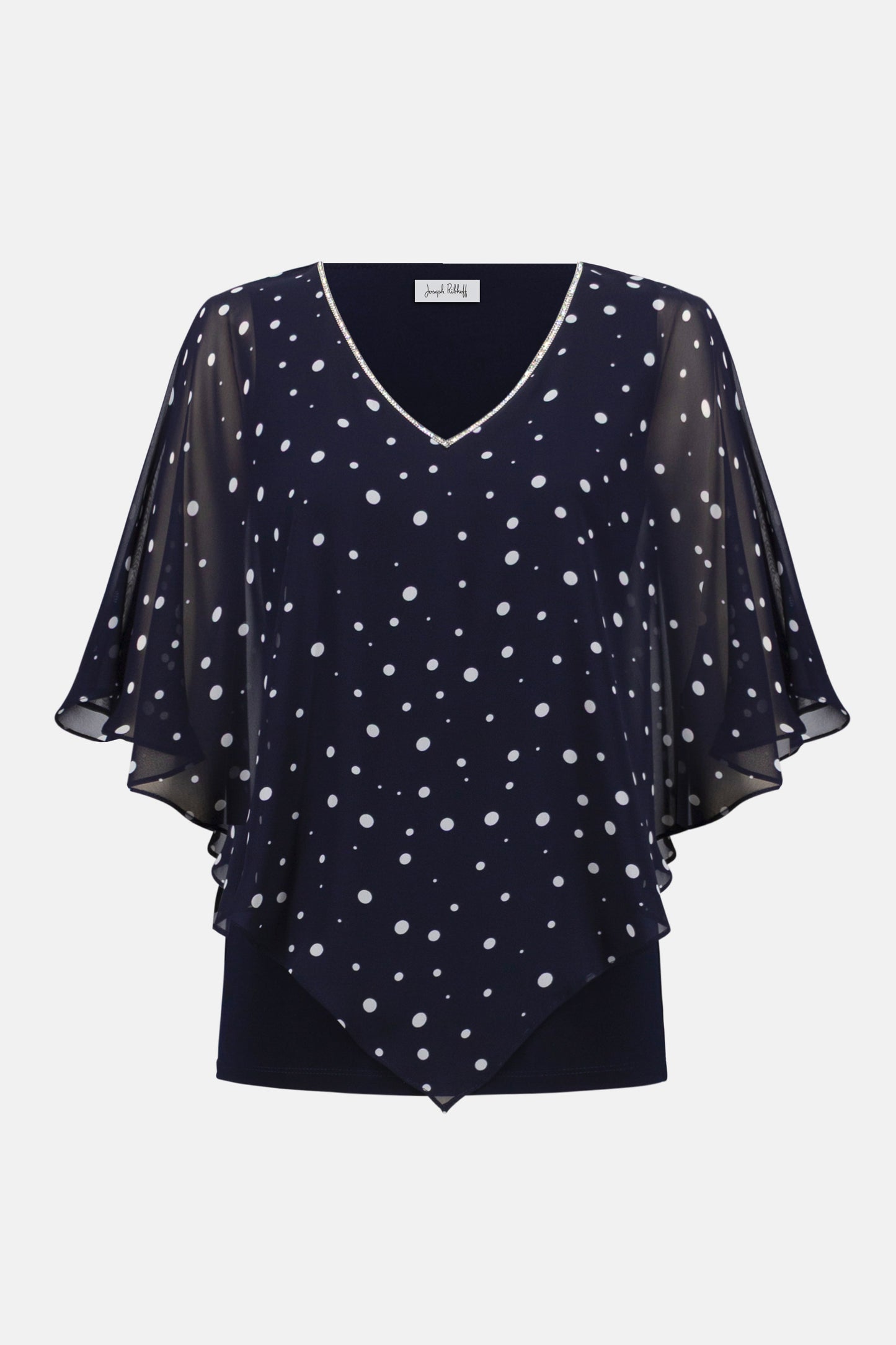 Silky Knit Dot Print Poncho With Rhinestones Trim