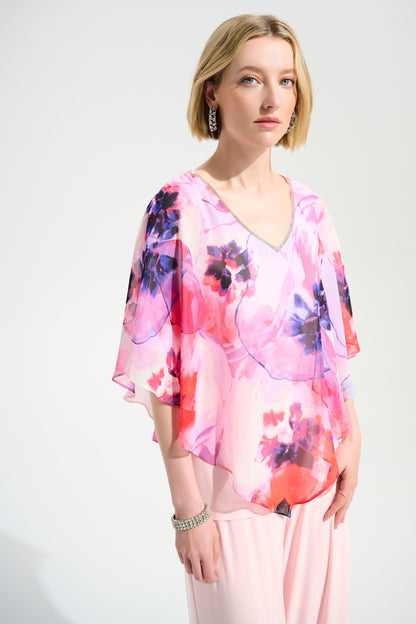Silky Knit Floral Print Poncho With Chiffon Layer