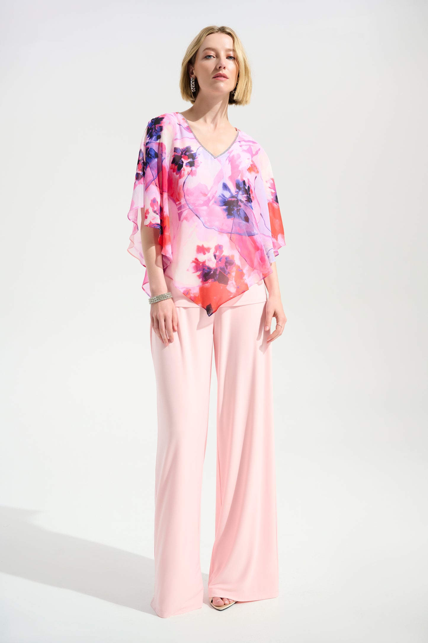 Silky Knit Floral Print Poncho With Chiffon Layer