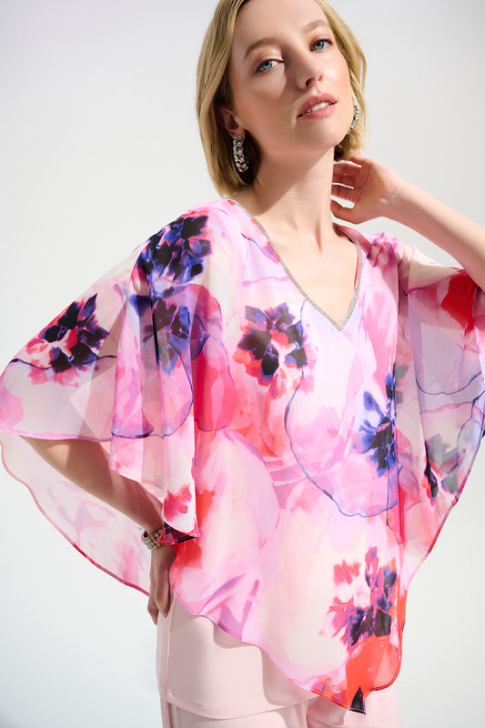 Silky Knit Floral Print Poncho With Chiffon Layer