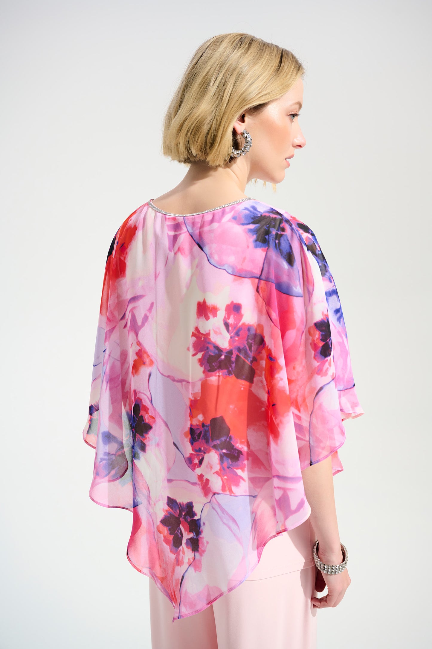 Silky Knit Floral Print Poncho With Chiffon Layer