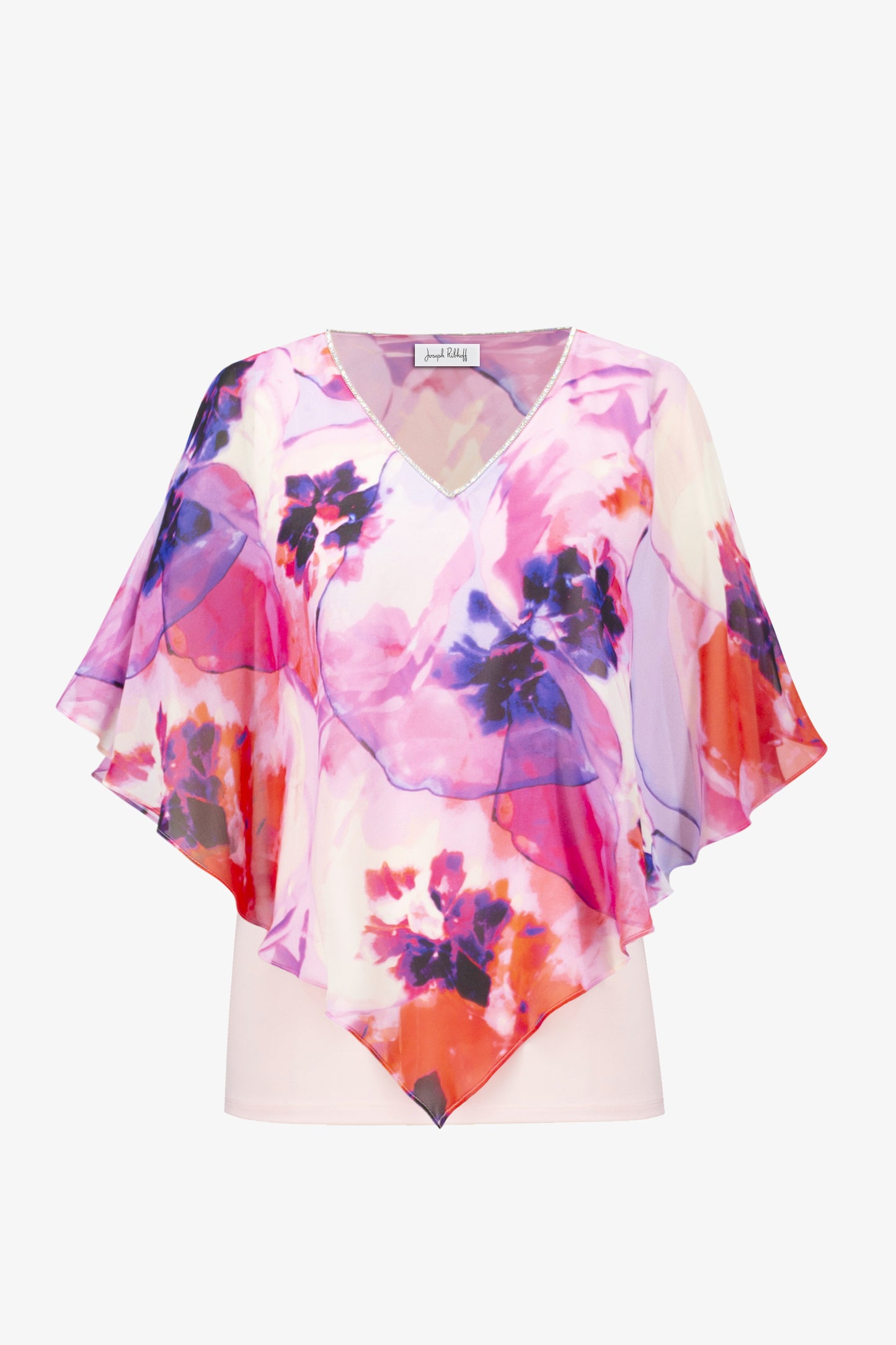 Silky Knit Floral Print Poncho With Chiffon Layer
