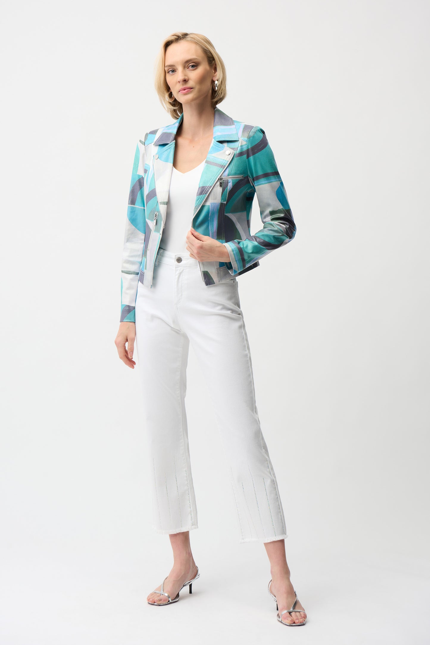 Foiled Faux Suede Geometric Print Fitted Jacket