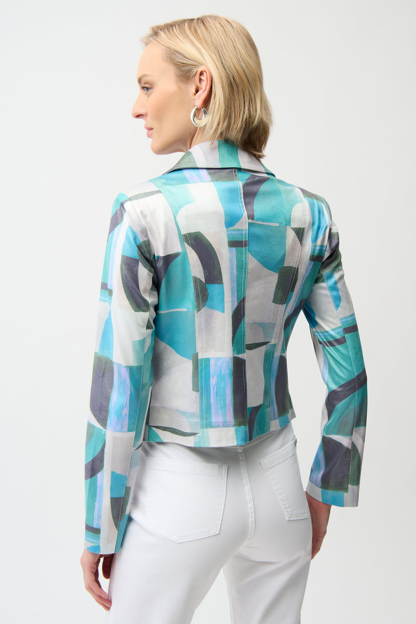 Foiled Faux Suede Geometric Print Fitted Jacket