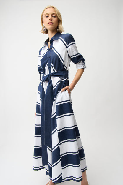 Cotton Stripe Print Fit and Flare Shirt Dress with Reversible Sash
