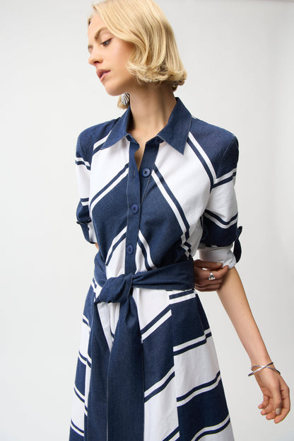 Cotton Stripe Print Fit and Flare Shirt Dress with Reversible Sash