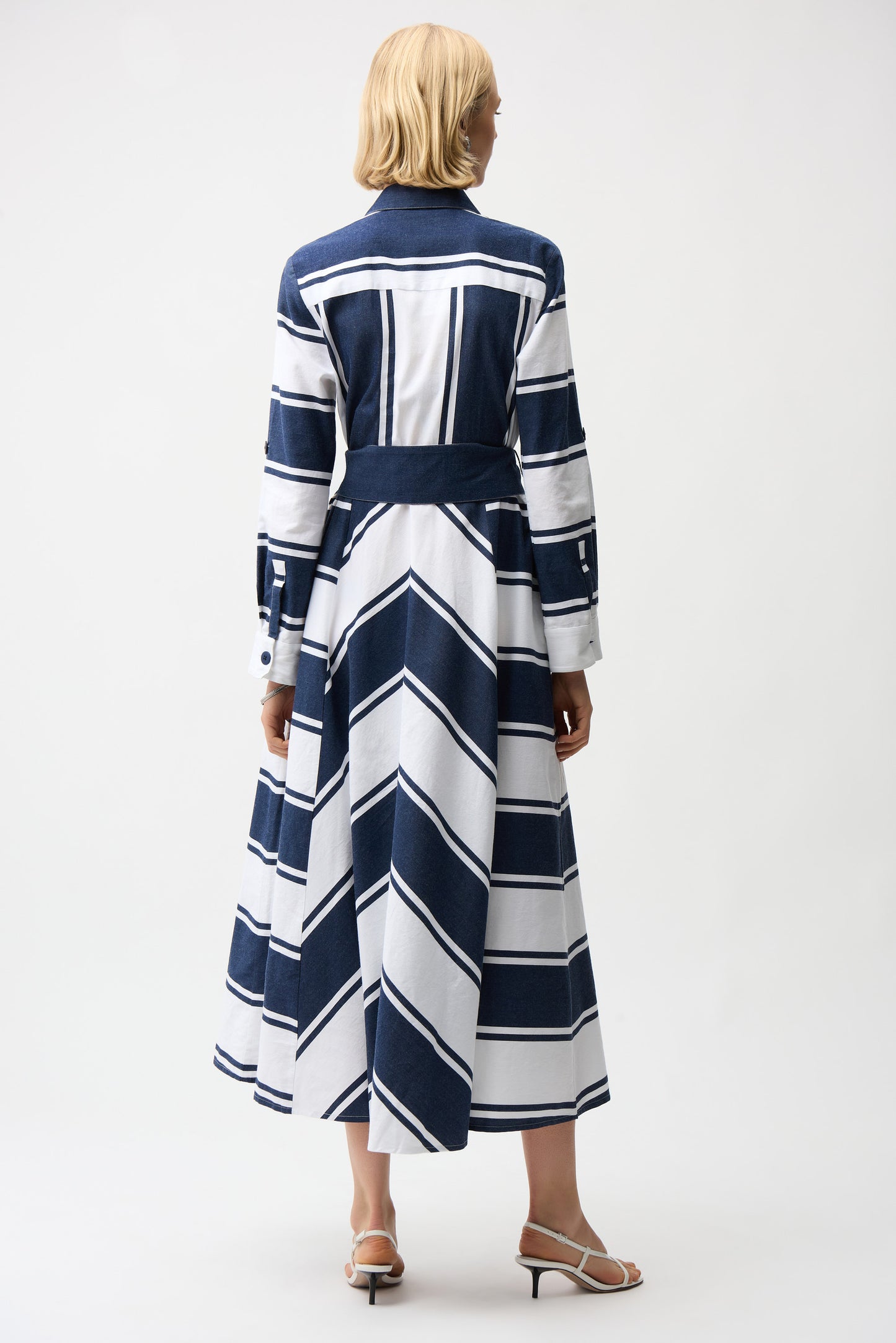 Cotton Stripe Print Fit and Flare Shirt Dress with Reversible Sash