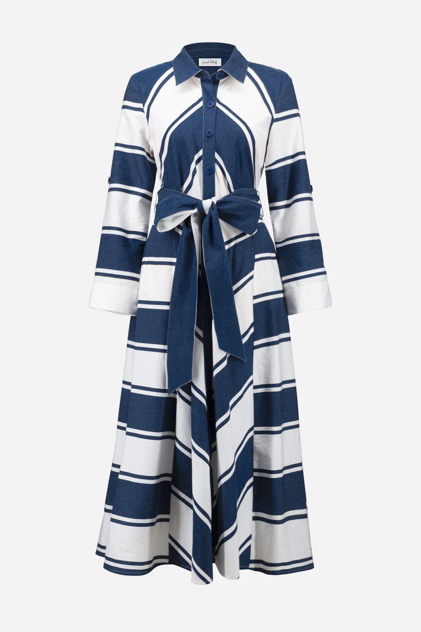 Cotton Stripe Print Fit and Flare Shirt Dress with Reversible Sash