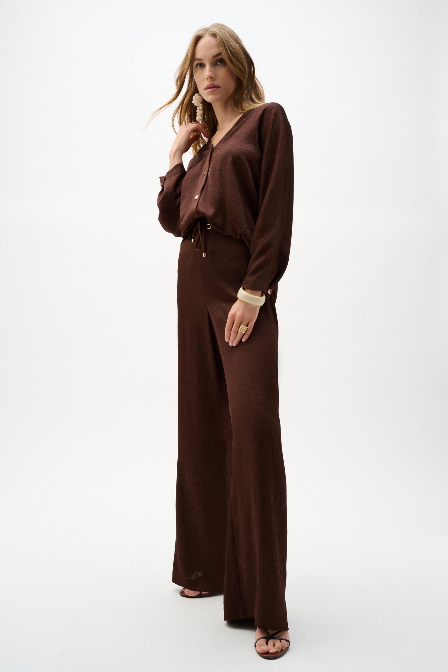 Crushed Satin Wide Leg Pull-On Pants With Drawstring