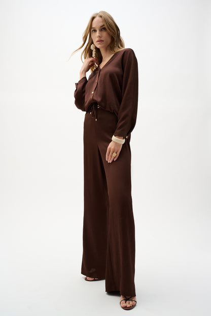 Crushed Satin Wide Leg Pull-On Pants With Drawstring