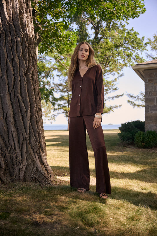 Crushed Satin Wide Leg Pull-On Pants With Drawstring