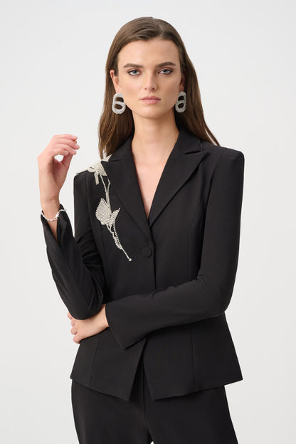 Lux Twill Fitted Blazer With Rhinestone Appliqué