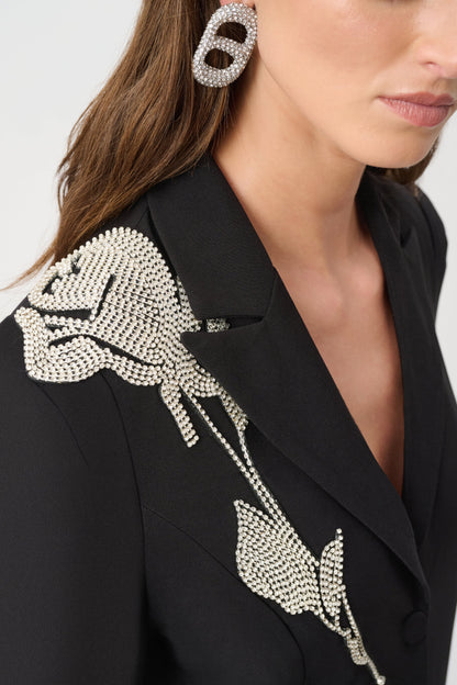 Lux Twill Fitted Blazer With Rhinestone Appliqué