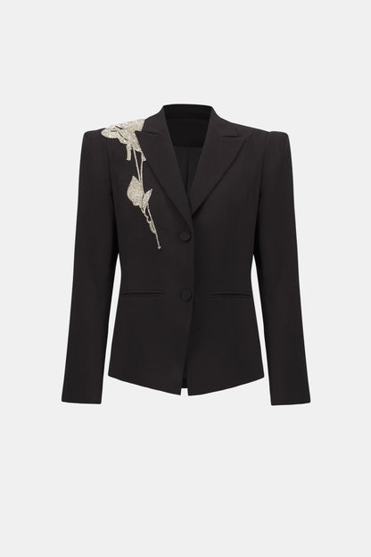 Lux Twill Fitted Blazer With Rhinestone Appliqué