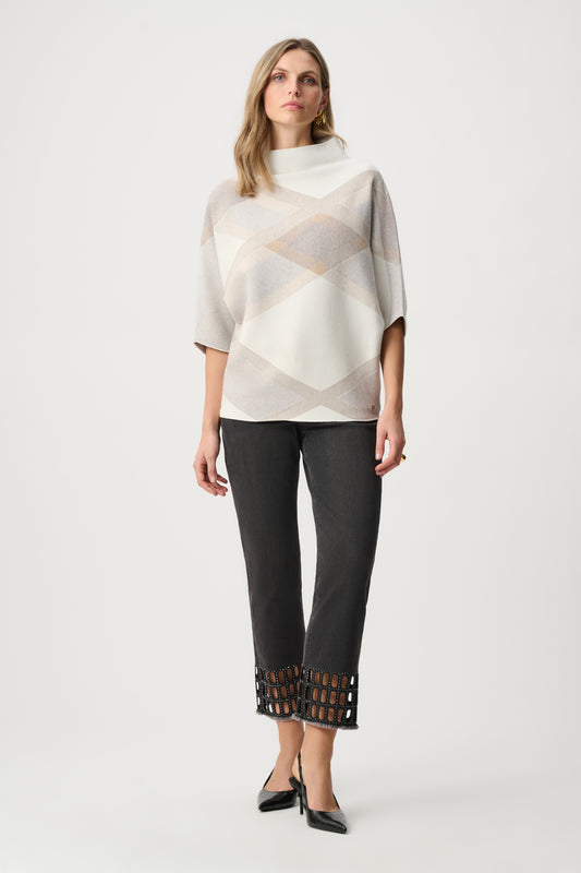 Brushed Viscose And Nylon Plaid Funnel-Neck Sweater