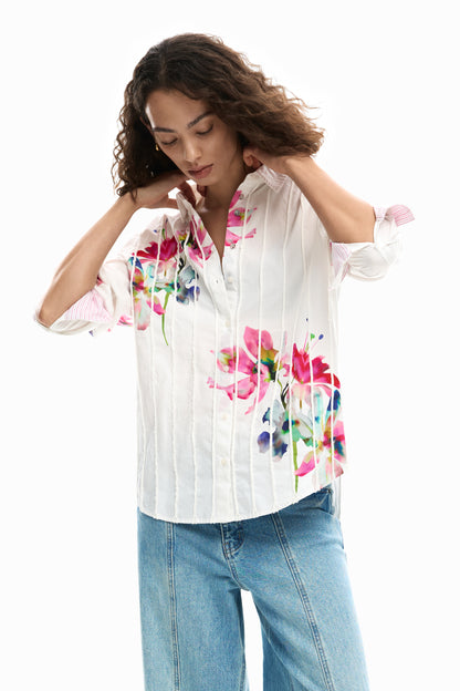 Pleated Long Sleeve Floral Shirt