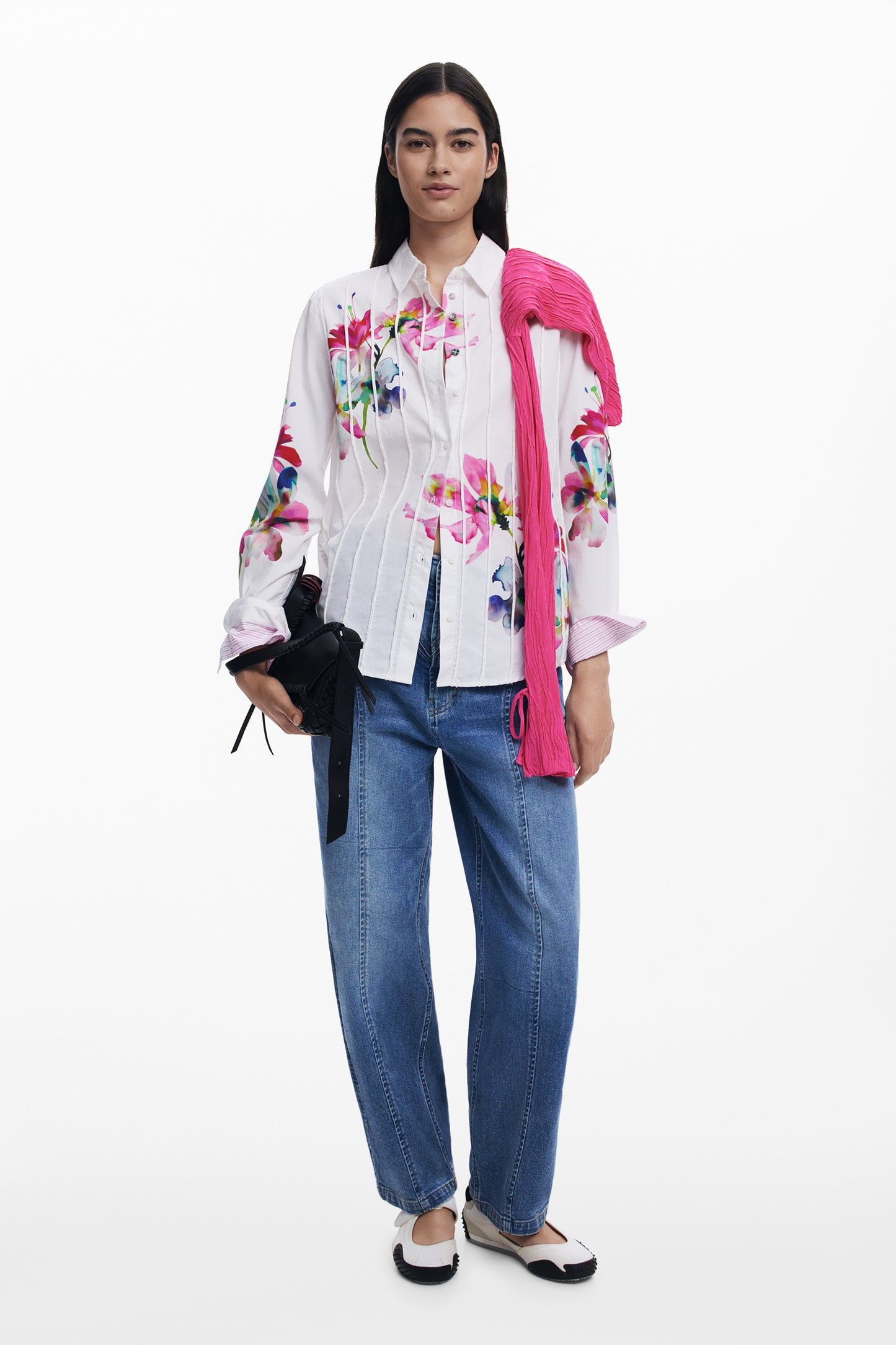 Pleated Long Sleeve Floral Shirt