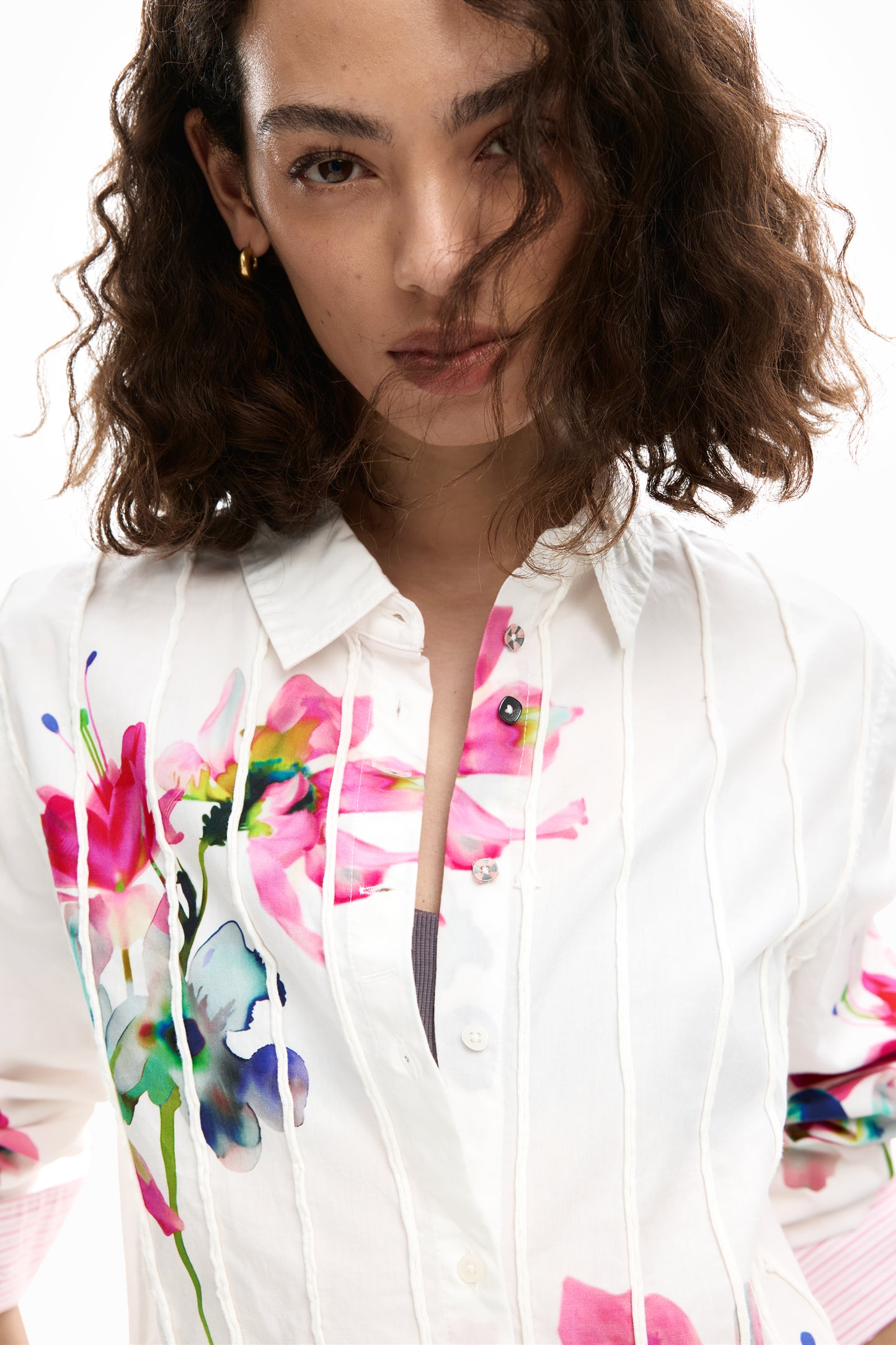 Pleated Long Sleeve Floral Shirt