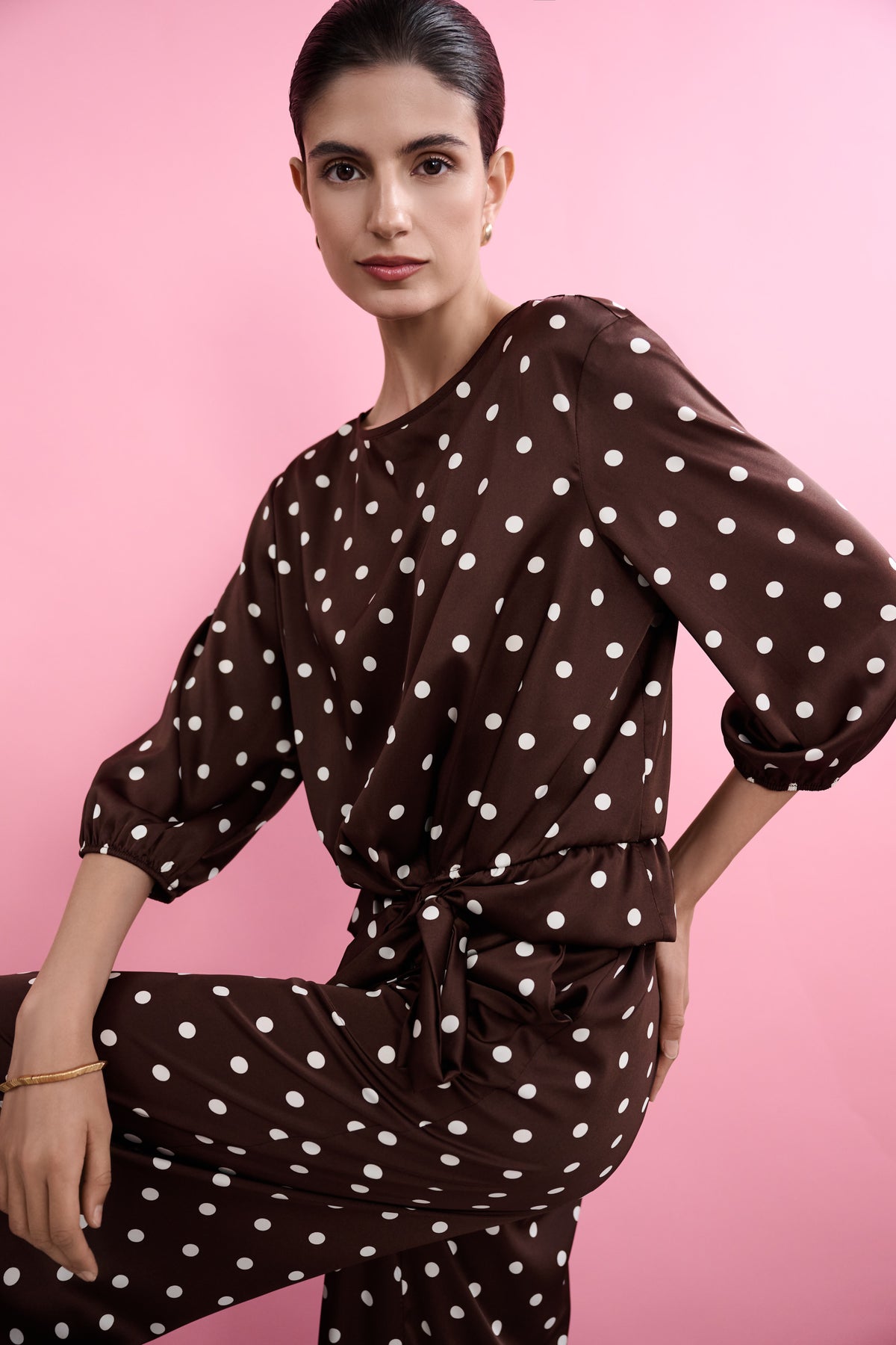 Recycled Satin Dot Print Hip Tie Top