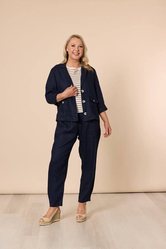 Sarah Rib Waist Linen Pant - Navy