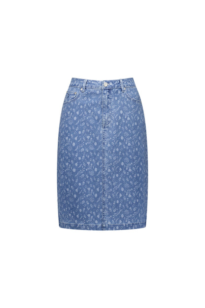 Ditsy Floral Printed Denim Skirt with Back Vent