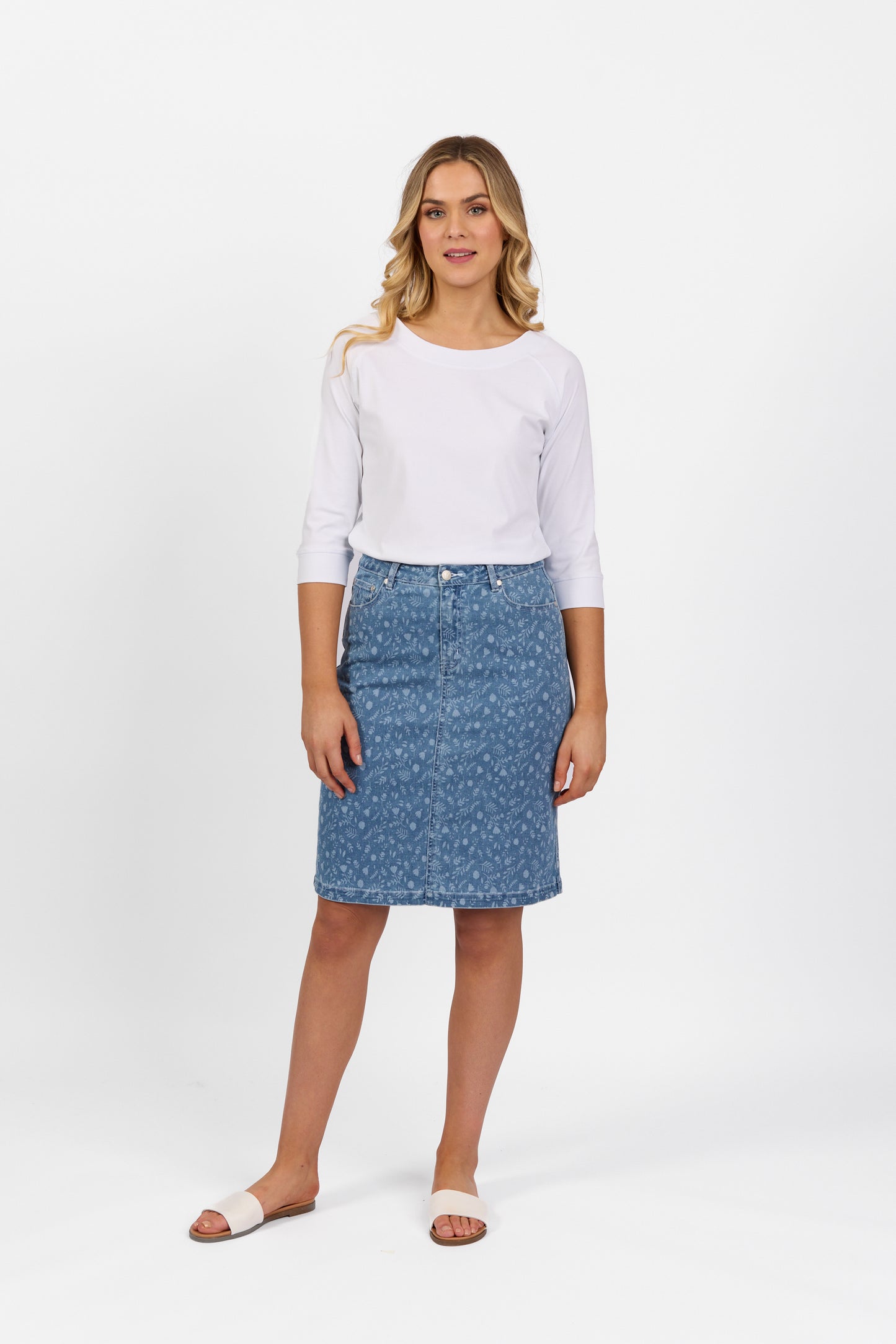 Ditsy Floral Printed Denim Skirt with Back Vent