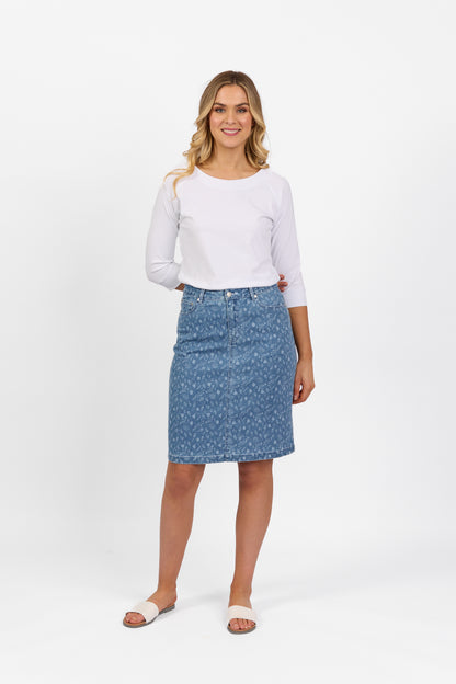 Ditsy Floral Printed Denim Skirt with Back Vent