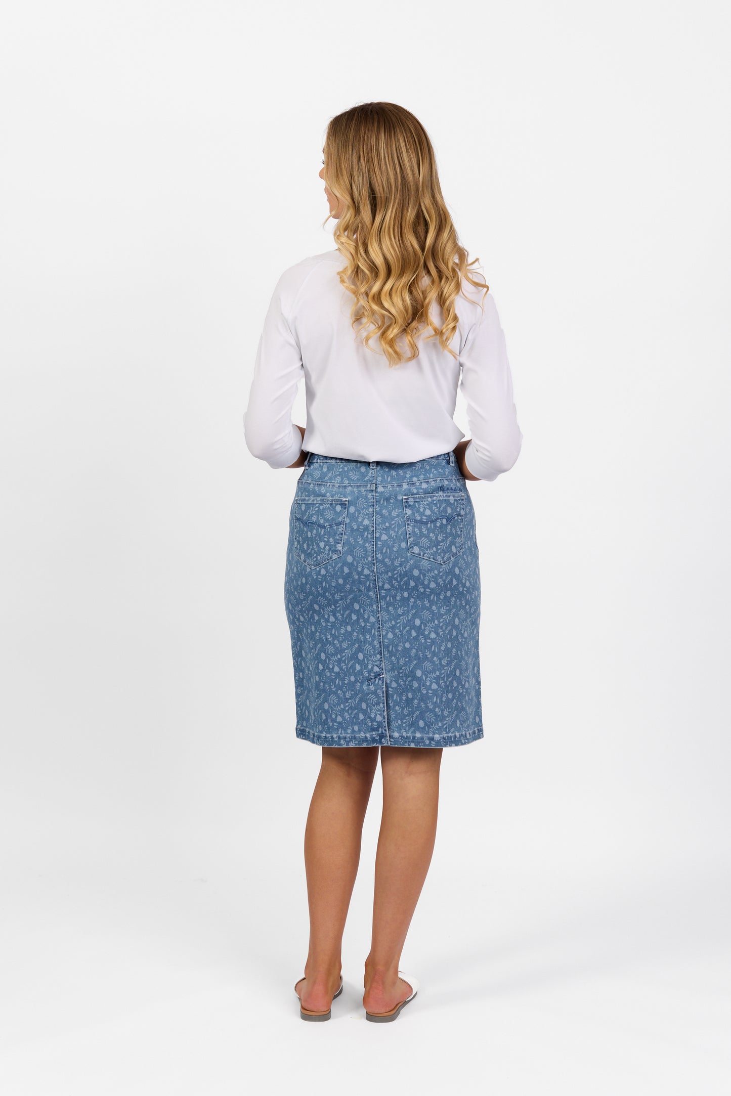 Ditsy Floral Printed Denim Skirt with Back Vent