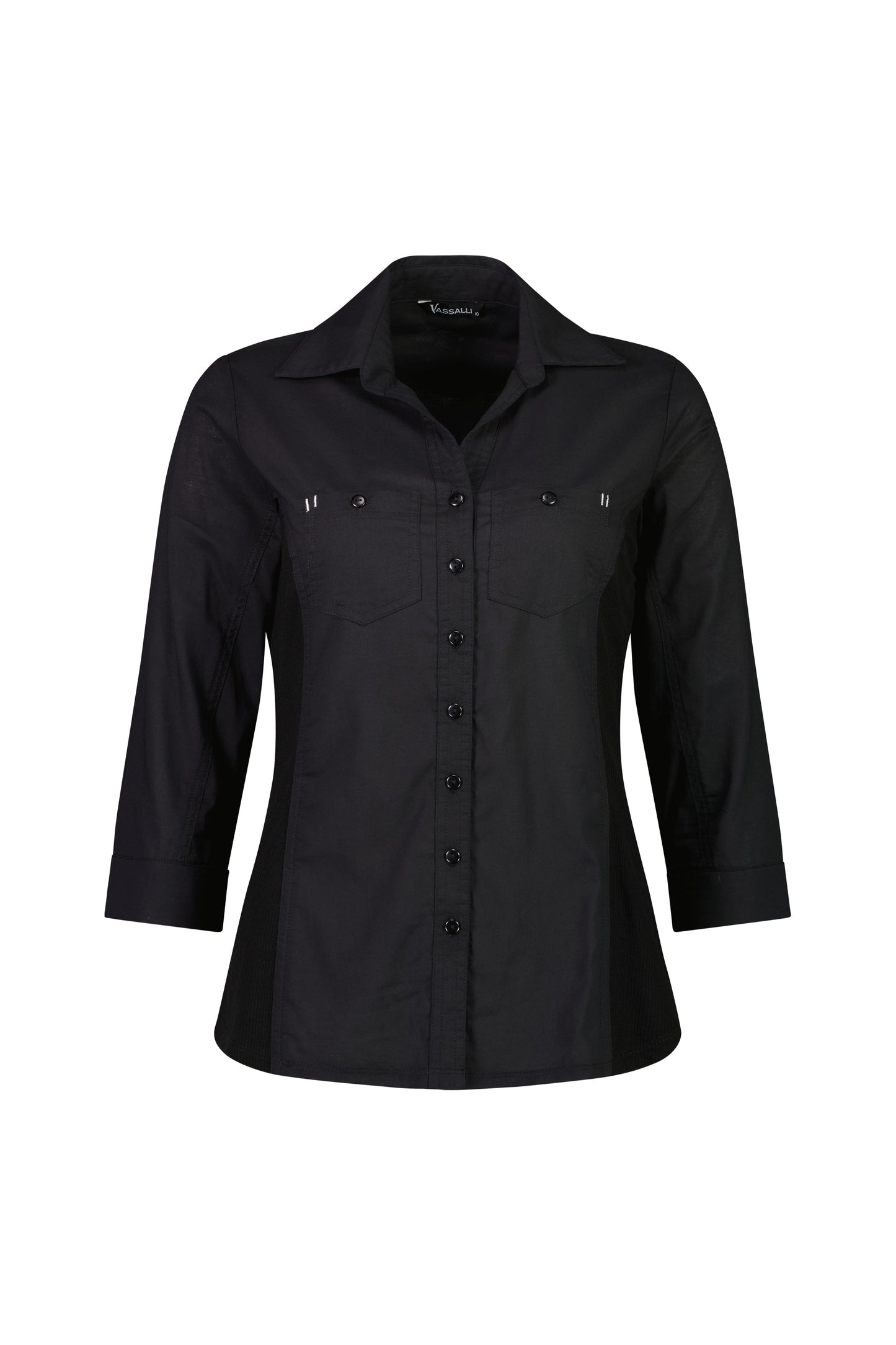 Black Plain Button Up Shirt with Rib Panels