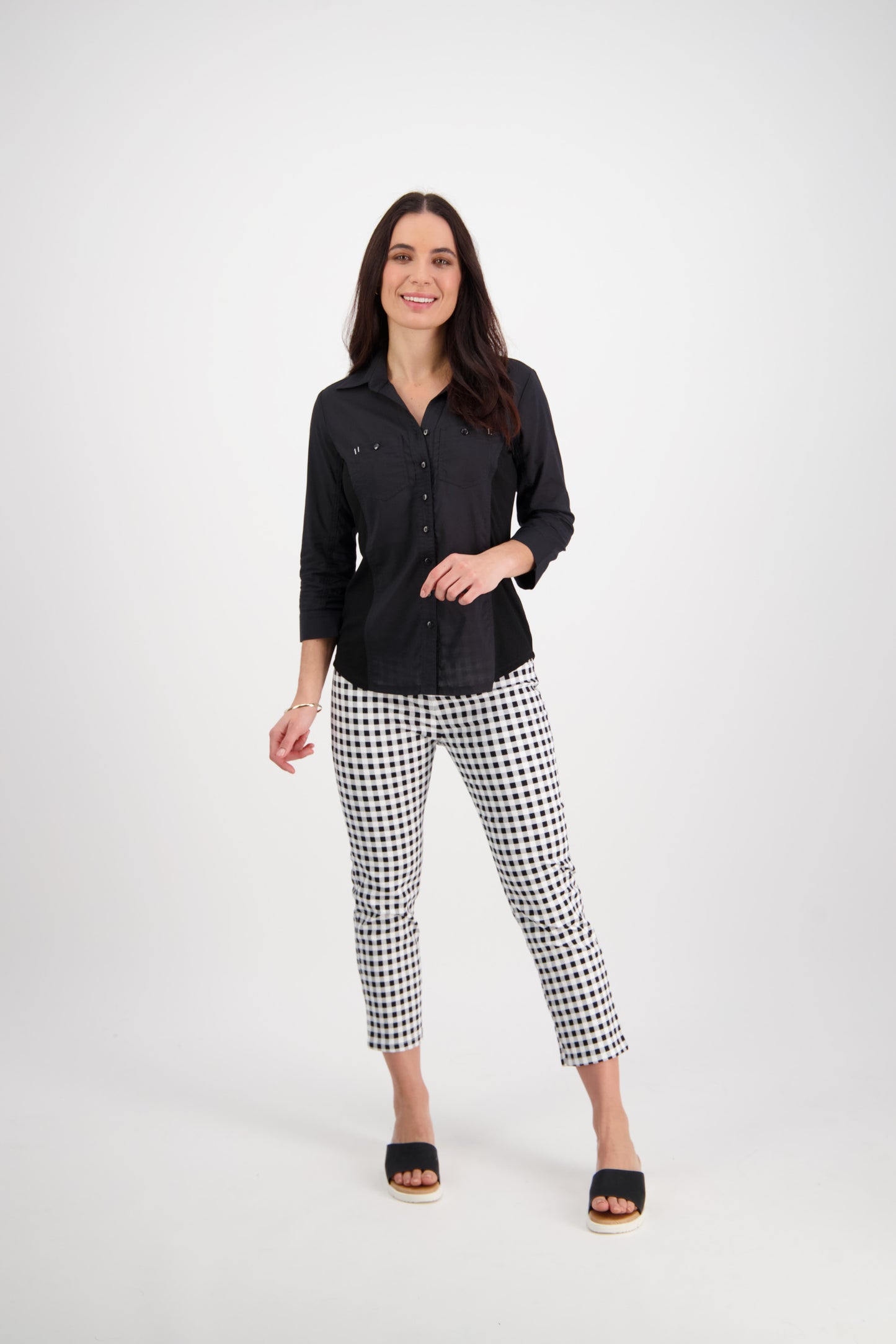 Black Plain Button Up Shirt with Rib Panels