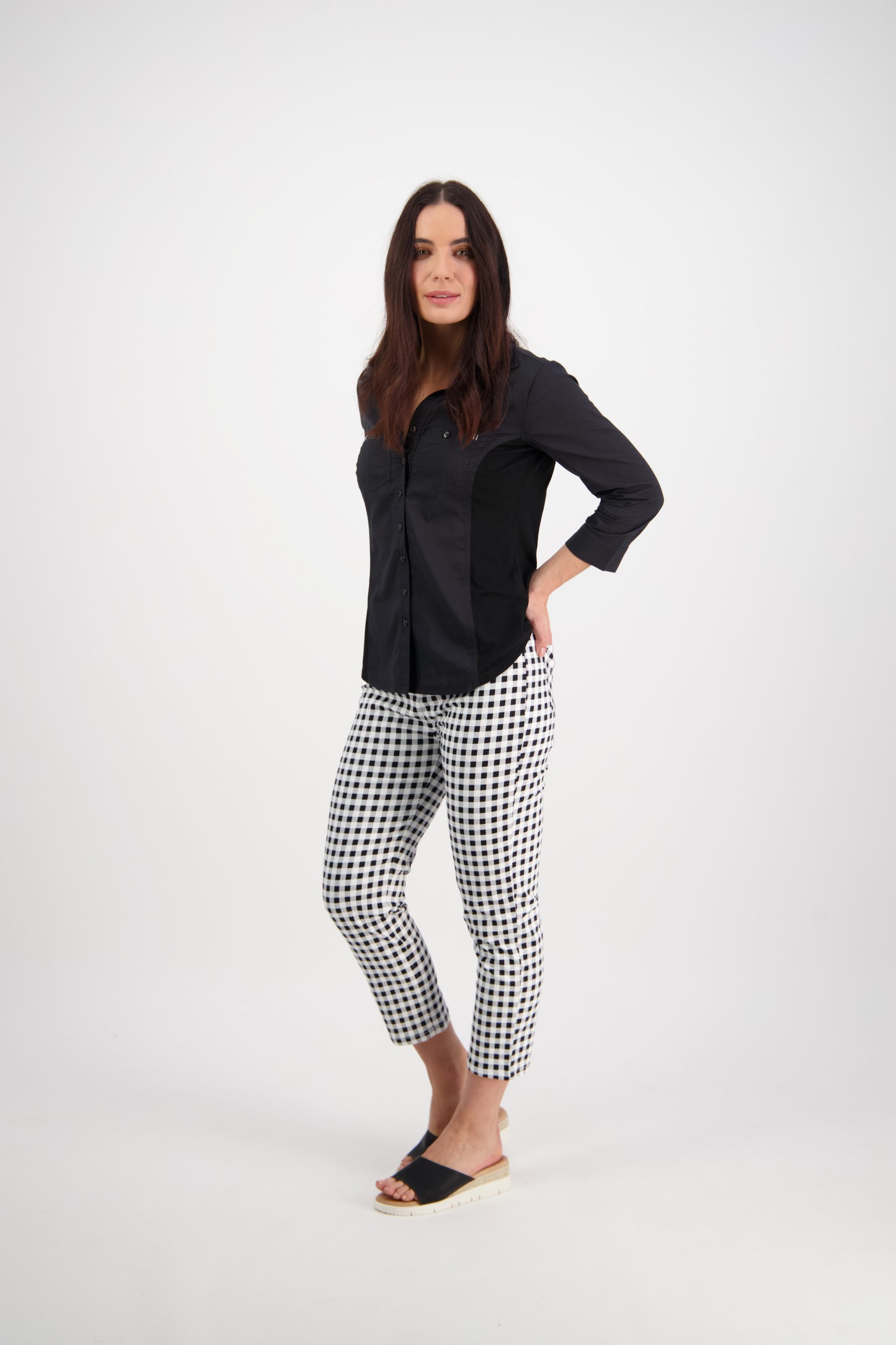 Black Plain Button Up Shirt with Rib Panels