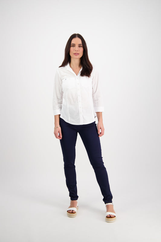 White Plain Button Up Shirt with Rib Panels