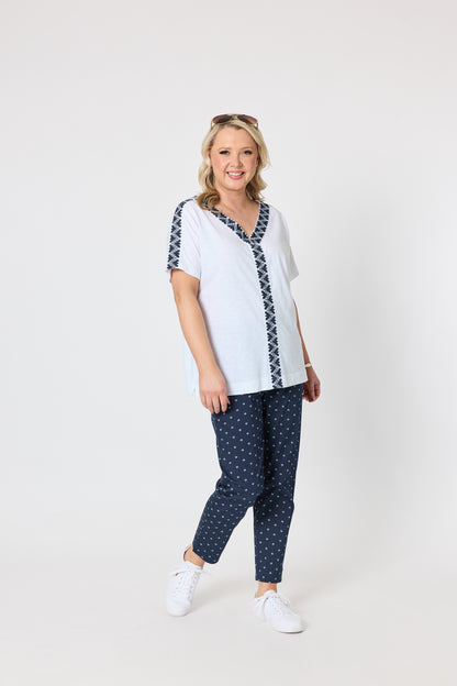 Tropez Slim Leg Print Pant - Navy/White