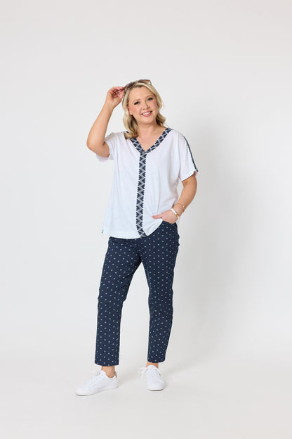 Tropez Slim Leg Print Pant - Navy/White