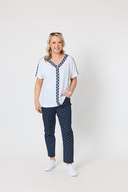 Tropez Slim Leg Print Pant - Navy/White