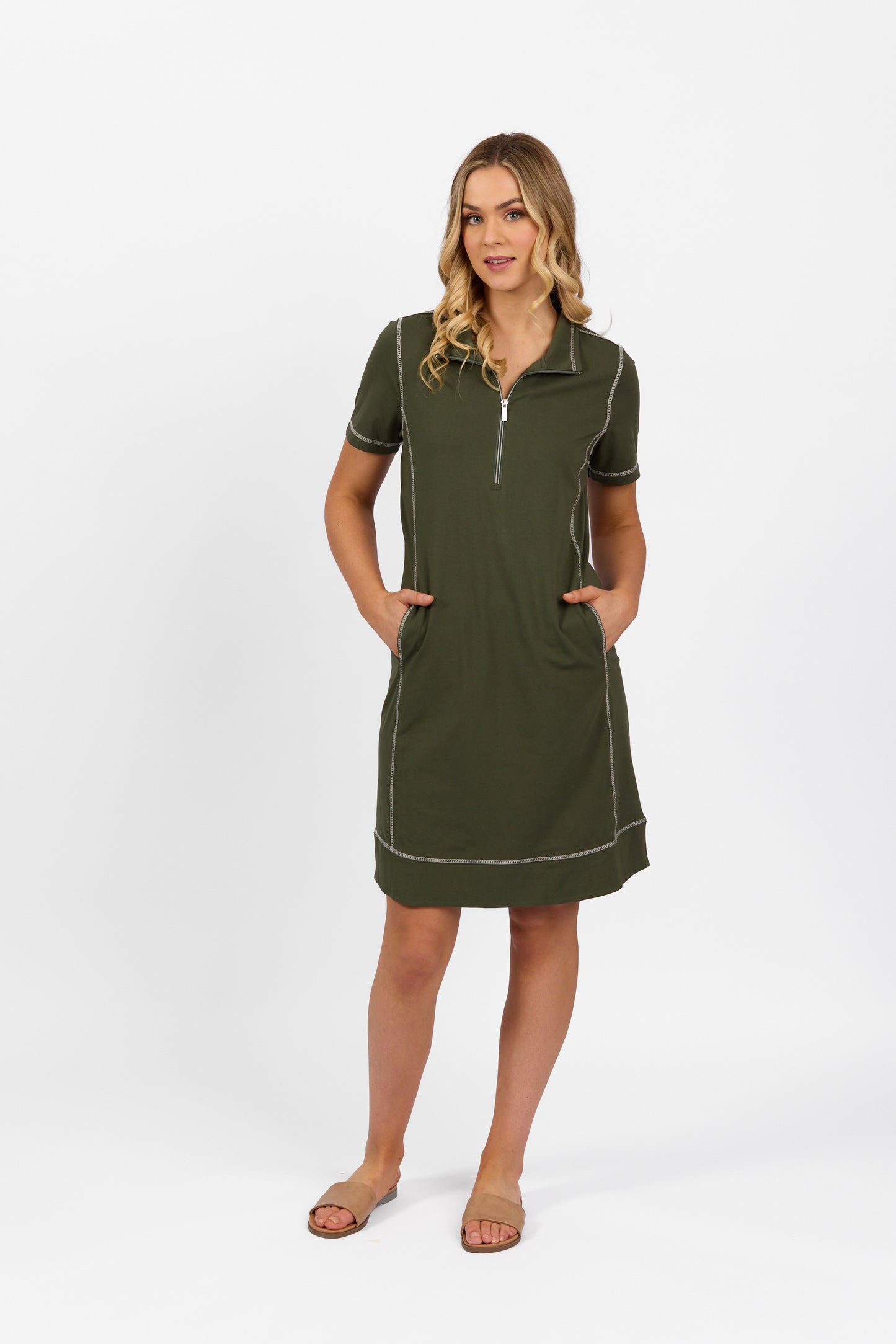 Khaki Short Sleeve Contrast Stitch Knit Dress with Zip Front Neck