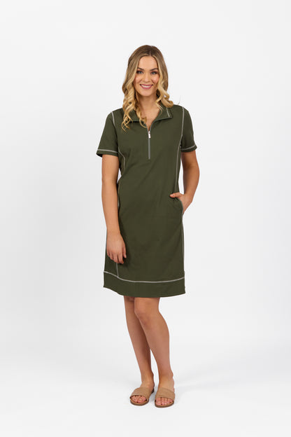 Khaki Short Sleeve Contrast Stitch Knit Dress with Zip Front Neck