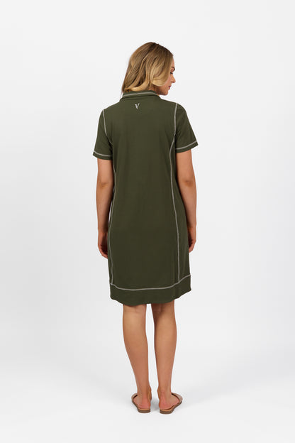 Khaki Short Sleeve Contrast Stitch Knit Dress with Zip Front Neck