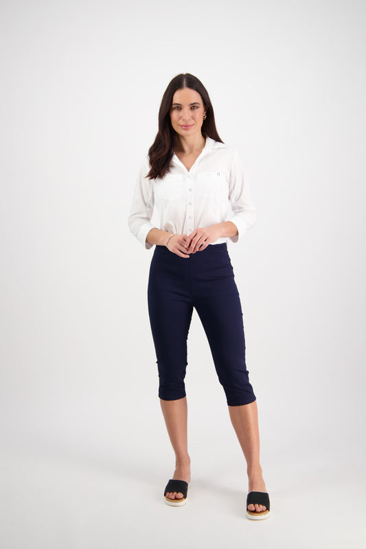 Navy Plain Skinny Leg 3/4 Length Lightweight Pull On