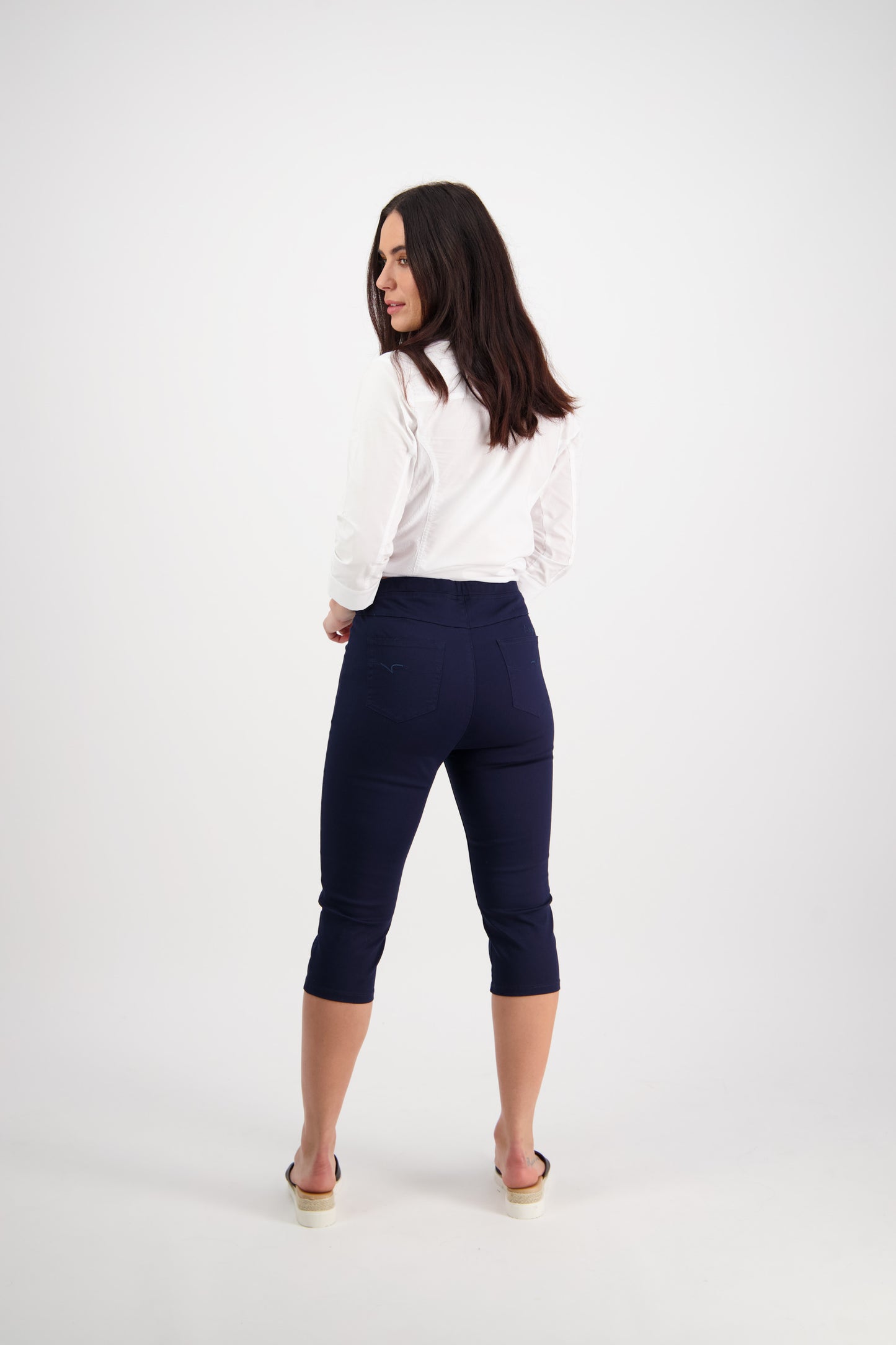 Navy Plain Skinny Leg 3/4 Length Lightweight Pull On