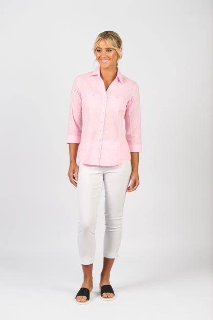 Soft Pink Plain Button Up Shirt with Rib Panels