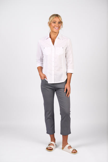 White Plain Button Up Shirt with Rib Panels