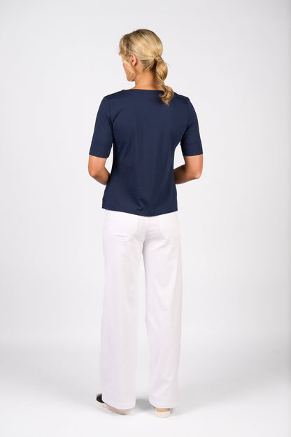 Navy V-Neck Top with Cuffed Sleeve